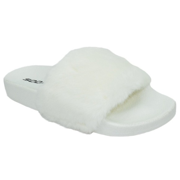 Soda Shoes - Women Fuzzy Slide Sandals White Faux Fur Slip on Slippers Flat Slides Soda SZ 11